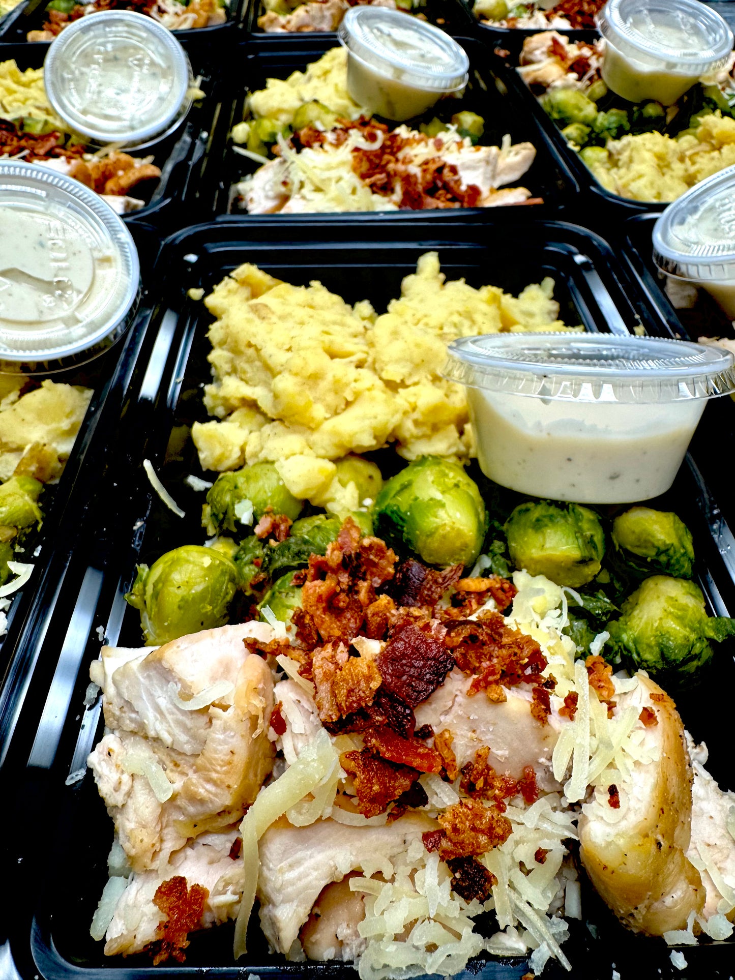 Bacon Ranch Chicken, Mash & Roast Brussels meal prep | Fit Foodie Meals San Antonio