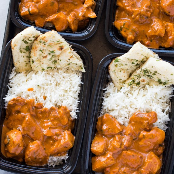 Butter Chicken, Rice & Garlic Naan meal prep | Fit Foodie Meals San Antonio