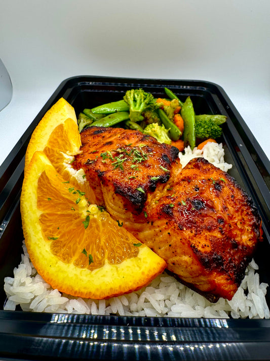 Orange Glazed Salmon w/Rice & Stir Fry Veggies