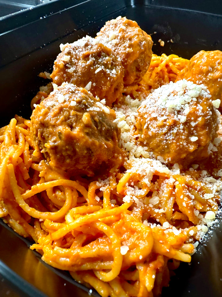 Tomato Cream Sauce Pasta & Meatballs | Fit Foodie Meals from Fit Foodie Meals